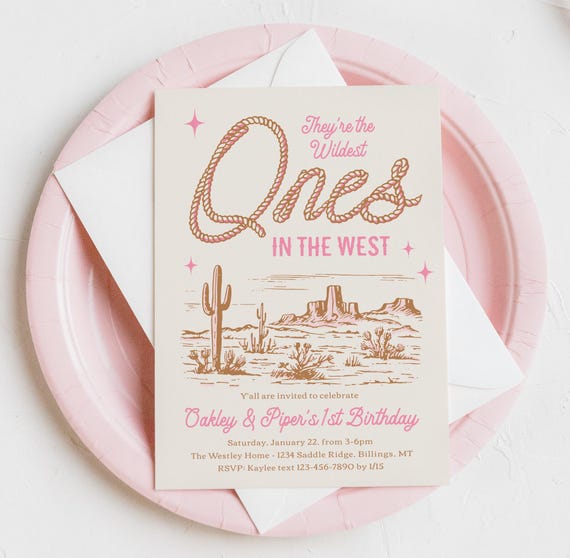 Twin Wildest Ones in the West Invite, Joint First Birthday Invitation, Twin First Rodeo Invite, Pink Western Invitations, Twin Western Party