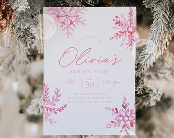 Pink Winter Birthday Party Invitation, Girl's Snowflake Birthday Invitation, Pink Snow Birthday Invitations, Pink Winter Party Invitations