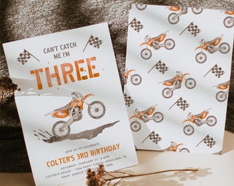 Orange Dirt Bike dritten Geburtstagseinladung, Dirt Bike Geburtstagseinladungen, Can't Catch Me Dirt Bike Einladung, Jungen dritten Geburtstag einladen