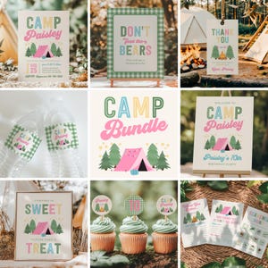 May include: A set of printable party decorations for a camping themed birthday party. The decorations include a welcome sign, a thank you sign, a don't feed the bears sign, water bottle labels, cupcake toppers, and a sign that says "Camping is sweet, please take a treat".
