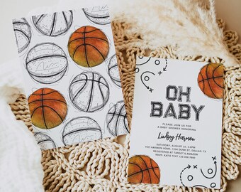 May include: A baby shower invitation with a basketball theme. The invitation is white with black text and a basketball graphic. The text reads "Oh Baby" and includes the date, time, and location of the shower. The invitation also includes a basketball graphic with a black and white doodle pattern.