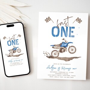 May include: A blue and brown birthday invitation with a watercolor illustration of a dirt bike. The text reads "Fast One" and "Hudson is turning one".