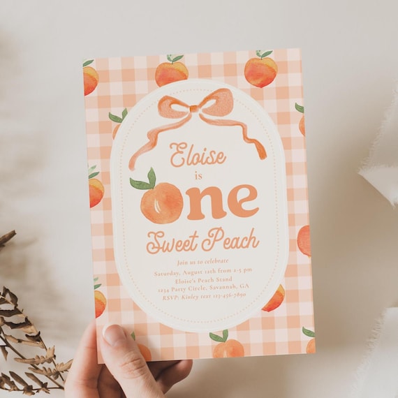 Peach First Birthday Invitation, Sweet One Peach Birthday Invitation, Watercolor Peach Invitation, Gingham Peach Invitation, Digital Peach