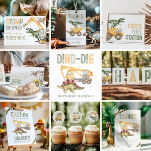 Op de afbeelding: Een verzameling feestartikelen met dinosaurus thema. Inclusief uitnodigingen, bedankkaarten, cupcake toppers en een bord. Ontwerpen tonen dinosaurussen, bouwmachines en de tekst "Dino-Dig" en "Happy Birthday".