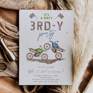 Faire-part d'anniversaire 3 ans sale, Faire-part de vélo tout-terrain sale 3 ans, Faire-part 3 ans numérique sale, Faire-part de vélo tout-terrain bleu et vert