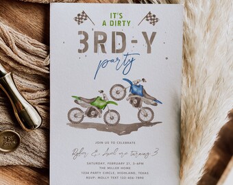 Dirty 3rd-y Geburtstagseinladung, Dirty 3rd-y Dirt Bike Einladung, digitale Dirty 3rd-y Einladung, blaue und grüne Dirt Bike Einladung