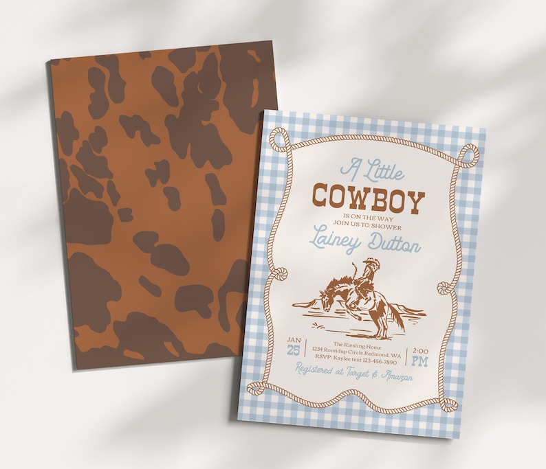 Inbjudan till babyshower med liten cowboy | Inbjudan till babyshower med western rodeo | Cowboy-tema med blått ginghammönster | Utskrivbar inbjudan bild 2