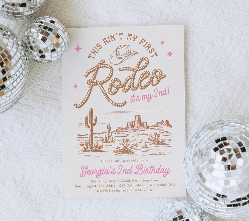 May include: A rectangular birthday invitation card featuring a western theme with a brown rope-style font reading This Ain't My First Rodeo, it's my 2nd, a cowboy hat icon, and a desert landscape illustration with cacti in brown ink on a white background.