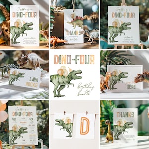 May include: A set of printable dinosaur-themed party decorations for a 4th birthday. The set includes a welcome sign, a thank you card, a birthday banner, a 'D' letter, a 'lava rocks' sign, and a 'you are here' sign. The decorations feature a green dinosaur with a party hat and balloons.