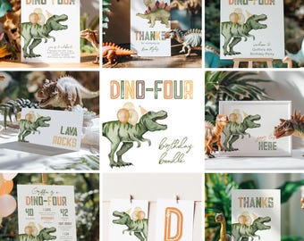 May include: A set of printable dinosaur-themed party decorations for a 4th birthday. The set includes a welcome sign, a thank you card, a birthday banner, a 'D' letter, a 'lava rocks' sign, and a 'you are here' sign. The decorations feature a green dinosaur with a party hat and balloons.