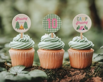 Digital Girl's Camping Cupcake Toppers, Glamping Cupcake Toppers, Girl's Campout Cupcake Toppers, Camping Birthday Sleepover, Glampout Party