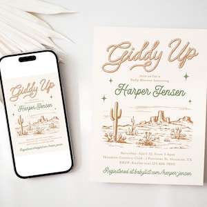 May include: A baby shower invitation with a western theme. The invitation features a drawing of a desert landscape with cacti and mountains. The text on the invitation reads "Giddy Up" and "Harper Jensen".