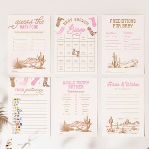 May include: A set of printable baby shower game cards with a western theme. The cards feature pink and brown colors with a cactus and cowboy boot design. The games include "Guess the Baby Food", "Baby Shower Bingo", "Predictions for Baby", "Would Mommy Rather", "Emoji Pictionary", and "Advice & Wishes".