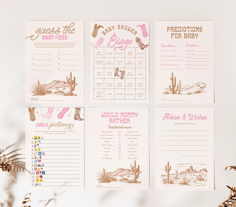 May include: A set of printable baby shower game cards with a western theme. The cards feature pink and brown colors with a cactus and cowboy boot design. The games include "Guess the Baby Food", "Baby Shower Bingo", "Predictions for Baby", "Would Mommy Rather", "Emoji Pictionary", and "Advice & Wishes".