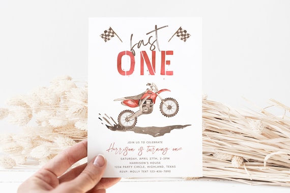 Fast One Dirt Bike Birthday Invitation, Red Dirt Bike First Birthday Invitation, Boy's First Birthday Invitation, Digital Fast One Invite