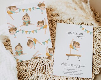 May include: A birthday invitation for a girl's gymnastics themed party. The invitation features a watercolor illustration of a girl doing a handstand on a balance beam. The text on the invitation reads "Tumble On Over" and "Molly is turning soon".
