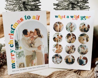 May include: Two Christmas cards. One card has a family photo with the text "merry christmas to all". The other card has multiple photos in circles with the text "what a wild year".