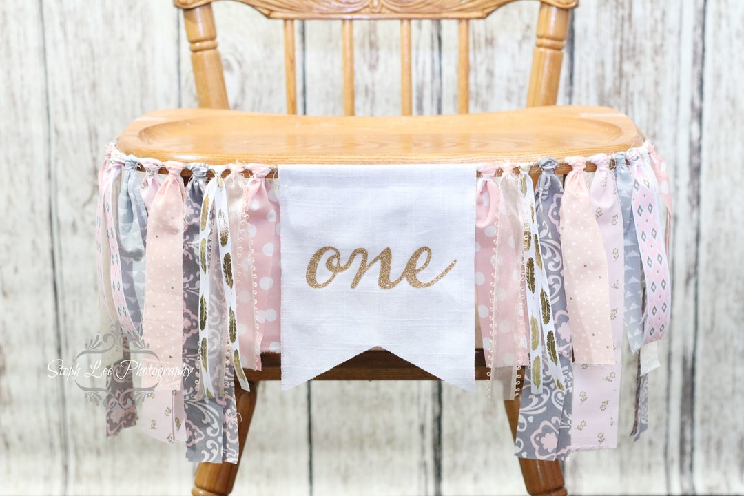 Pink and Gold High Chair Banner, Pink and Gray First 1st Birthday, One