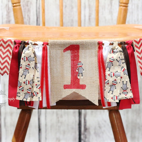 Sock Monkey Burlap High Chair Banner, Sock Monkey First 1st Birthday, Little Monkey 1st First Birthday, Sock Monkey Birthday Banner, Red