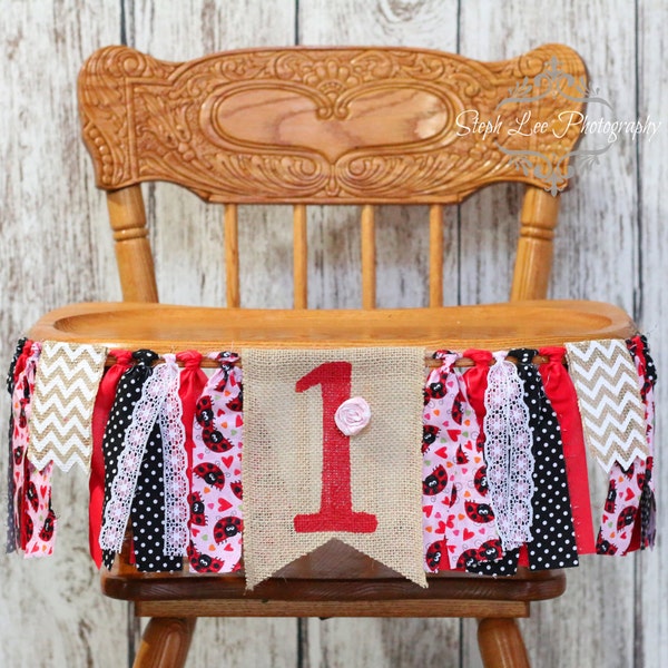 Lady Bug Burlap High Chair Banner, Lady Bug 1st First Birthday Banner, Pink and Red, Little Girl High Chair, Shabby ChicHigh Chair