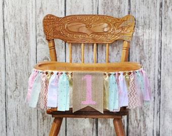 Pink Mint Gold Burlap High Chair Banner, Onederland High Chair Banner, Shabby Chic Fabric Strip High Chair Banner, Girl 1st First Birthday