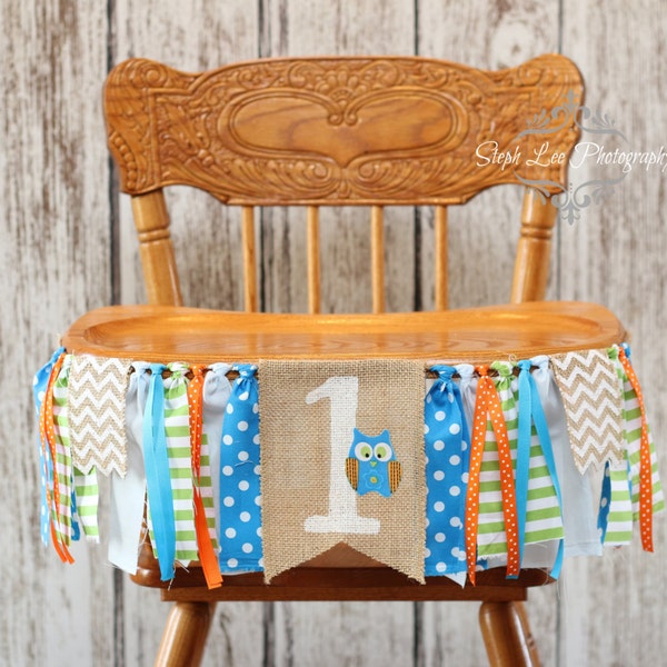 Woodland Owl Burlap High Chair Banner, Orange and Blue, Look Whoos One Theme, Owl First 1st Birthday, Little Boy 1st Birthday High Chair