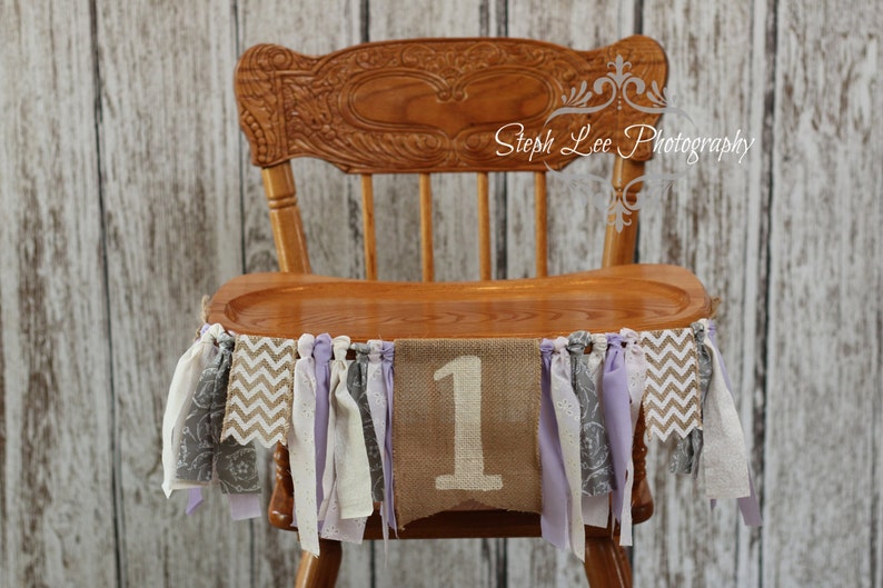 Purple Grey Fabric High Chair Highchair Banner Baby Girl Image 0