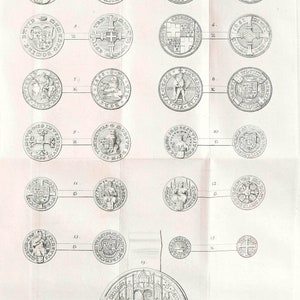 May include: A black and white illustration of 15 different coins. The coins feature various designs, including shields, crosses, and figures. The coins are numbered 1 through 15.