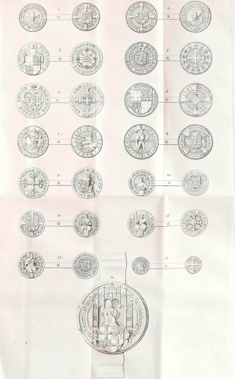 May include: A black and white illustration of 15 different coins. The coins feature various designs, including shields, crosses, and figures. The coins are numbered 1 through 15.