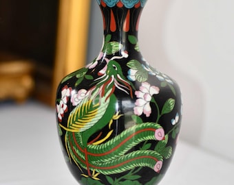 ヴィンテージ安藤七宝七宝花瓶：緑釉牡丹模様 - Etsy 日本