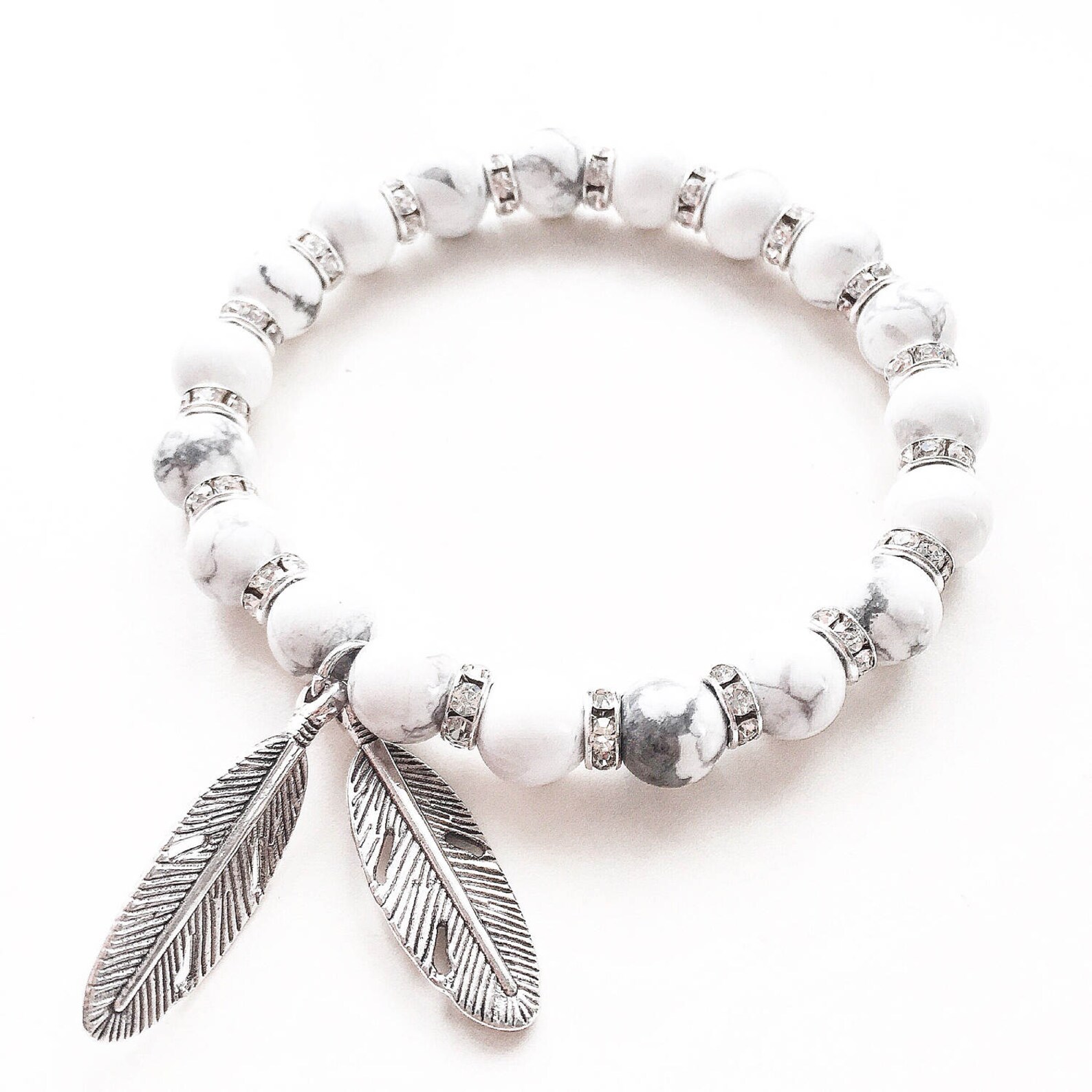 White Marble braceletHowlite Gemstone Bead Bracelet Silver Etsy