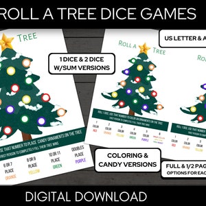 4 Roll A Tree Christmas Games, Roll A Tree Dice Game, Printable Games for Kids and Families and Classrooms A4 Letter