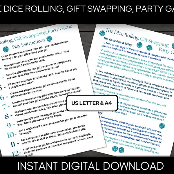 Dice Rolling Gift Swapping Party Game - The Yankee Swap Gift Party Game | White Elephant Gift Exchange | Holiday Present Swap - A4 & Letter