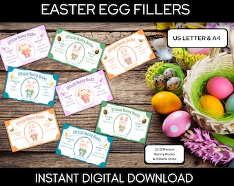 Easter Bunny Bucks Printables, Easter Egg Filler, Easter Coupons, Easter Play Money, Easter Activity, Instant Download Letter & A4