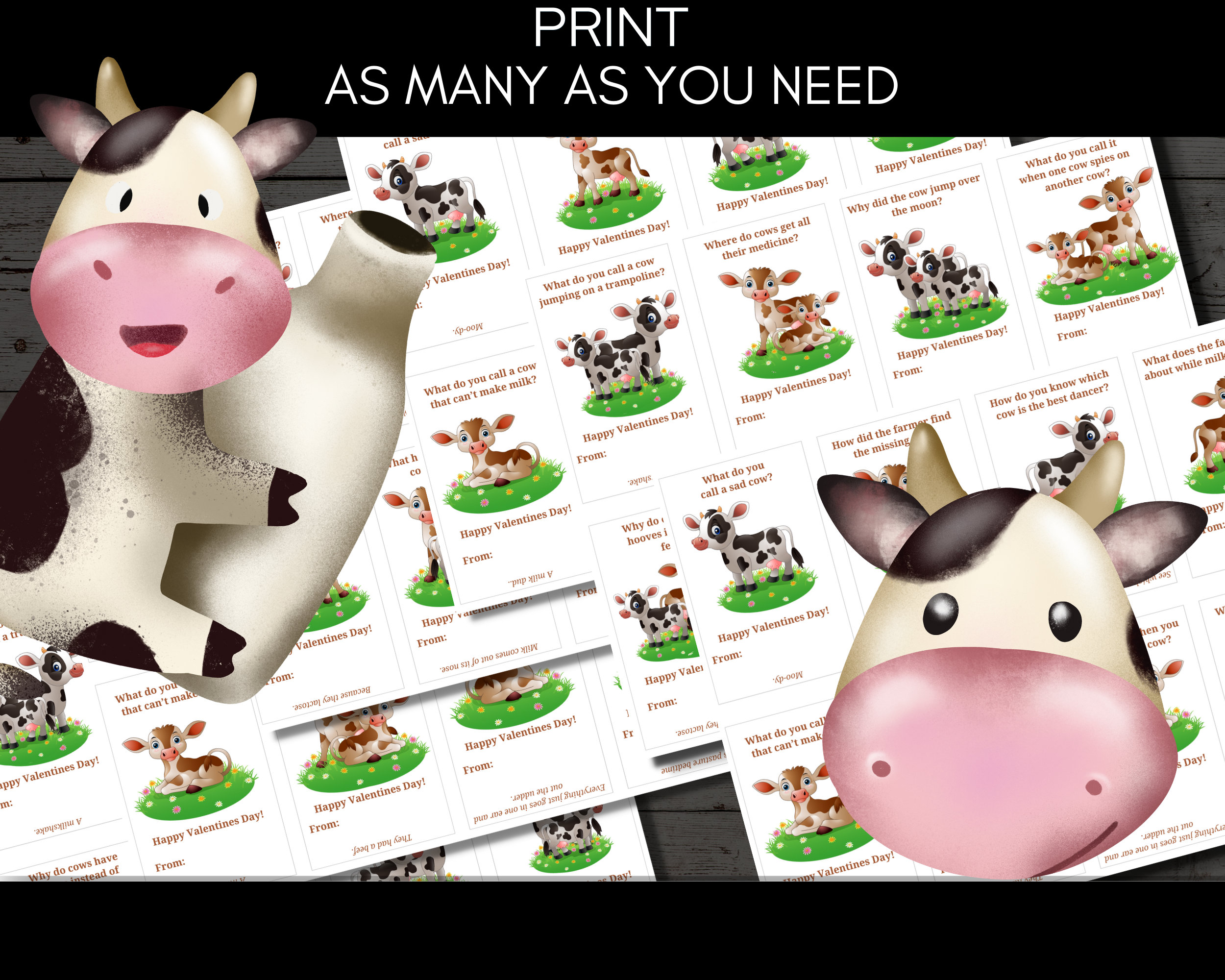 Funny Cow Joke Valentine Cards for Class Exchange Letter & A4 Format - Etsy