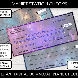 Cheque de Manifestación, Cheques del Tablero de Visión, Imprimibles del Tablero de Visión, Cheques de Manifestación, Ley de Abundancia, Manifestación de Dinero A4 y Carta