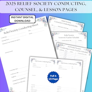 May include: Printable digital download of a Relief Society Conducting, Counsel, and Lesson pages for 2025. The pages feature a watercolor floral design in shades of blue and white.