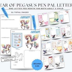 Cartas para amigos por correspondencia del año de Pegaso, regalo para la bisabuela, regalo para la abuela, día de los abuelos, regalo para el abuelo, 24 cartas para amigos por correspondencia imprimibles, 12 meses