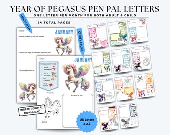 Year of Pegasus Penpal Letters, Great Grandma Gift, Grandma Gift, Grandparents' Day, Grandpa Gift, 24 Printable Pen Pal Letters, 12 Months