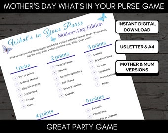 Juego de fiesta Qué hay en tu bolso del Día de la Madre, Juego de qué hay en tu bolso para mamá, Juegos del Día de la Madre A4 y Carta