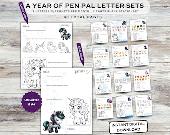 Lettres pour correspondance Licorne 12 mois et papeterie licorne | Cadeau arrière grand-mère | Cadeau grand-mère | Fête des grands-parents | Téléchargement instantané