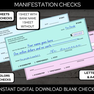 Cheque de Manifestación, Cheques del Tablero de Visión, Imprimibles del Tablero de Visión, Cheques de Manifestación, Ley de Abundancia, Manifestación de Dinero A4 y Carta