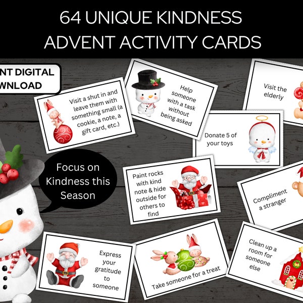 64 Kindness Advent Calendar Cards | Unique Advent Activity Cards | Letter & A4