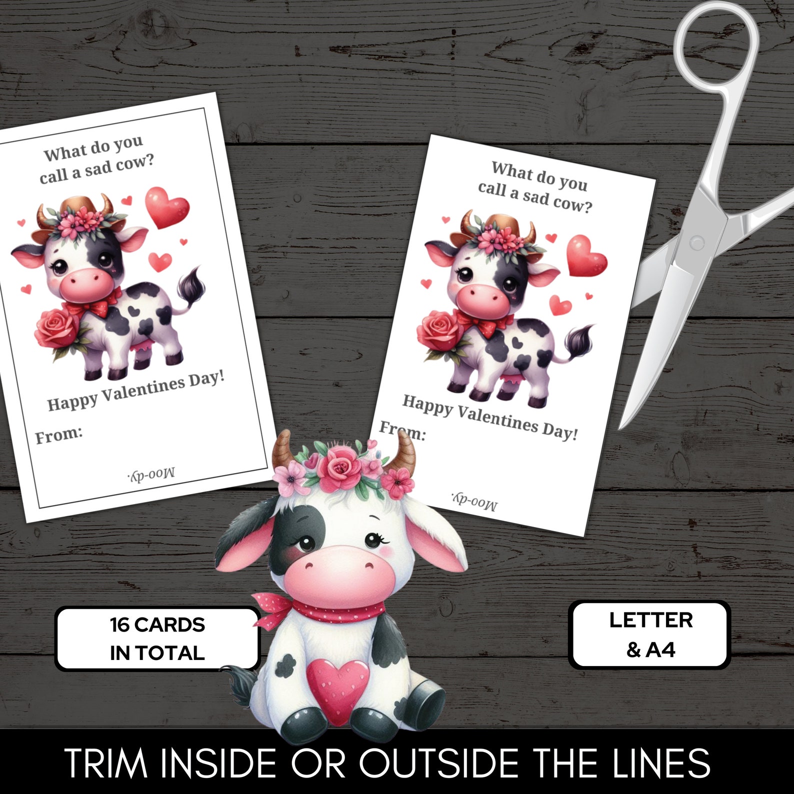 Funny Cow Joke Valentine Cards V2 for Class Exchange Letter & A4 Format ...