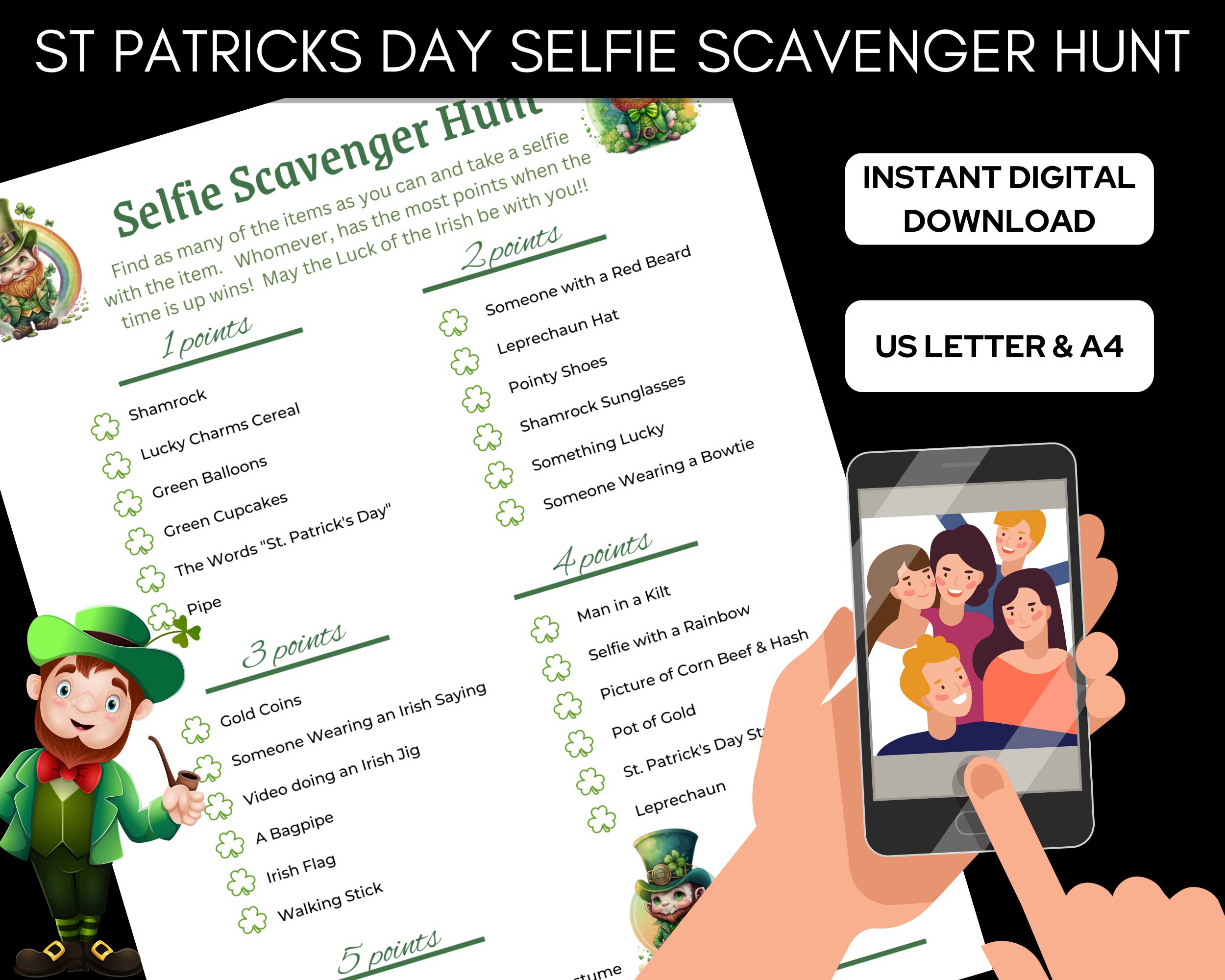 St Patricks Day Selfie Scavenger Hunt, Scavenger Hunt, St Patricks Day Game, Leprechaun Game, Selfie Scavenger Hunt
