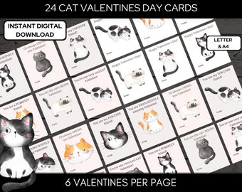 Cat Valentine Cards, Kitten Valentines for Class, valentines day cards for kids classrooms, Valentines Exchange, Valentines Card Set, A4