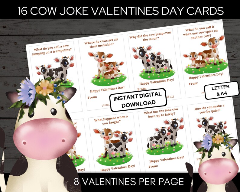 Funny Cow Joke Valentine Cards for Class Exchange Letter & A4 Format - Etsy