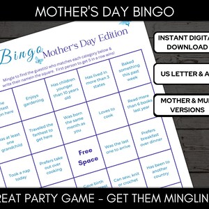 Mother&#39;s Day Find the Guest Bingo Party Game, Mum Mix and Mingle Party Game, Ice Breaker Games, Find the Guest Game A4 & Letter