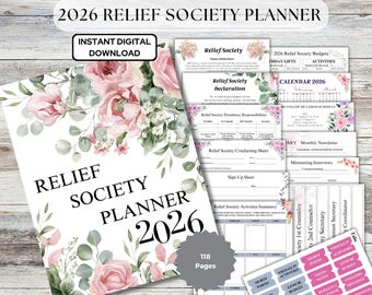 May include: A digital 2026 Relief Society Planner with a floral design. The cover features the text "Relief Society Planner 2026" and is adorned with pink roses and greenery. Includes 118 pages and instant digital download.