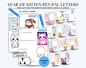 Year of Kitten Penpal Letters, Great Grandma Gift, Grandma Gift, Grandparents' Day, Grandpa Gift, 24 Printable Pen Pal Letters, 12 Months